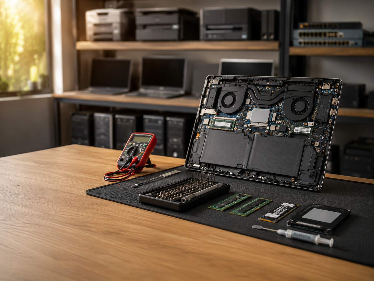 Computer repair workbench with open laptop, multimeter, precision tools, RAM, and SSD at Computer House workshop